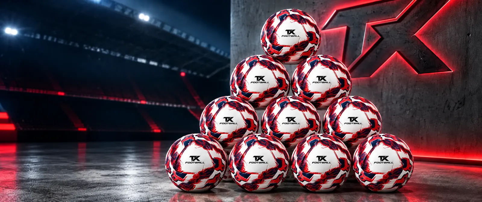 Ten TX Football Voyager+ balls stacked in a pyramid under stadium lights