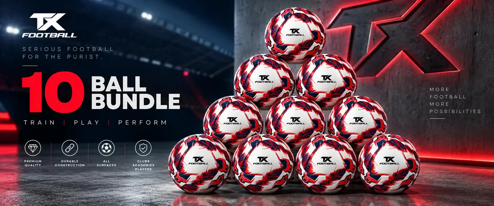 Ten TX Football Voyager+ balls stacked in a pyramid under stadium lights