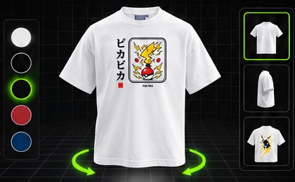 A white tee on a turntable with colour swatches and garment choices, design concept