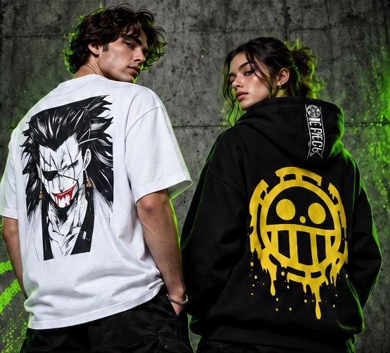 Two people wearing TX Fusion printed tees and hoodies, design concept